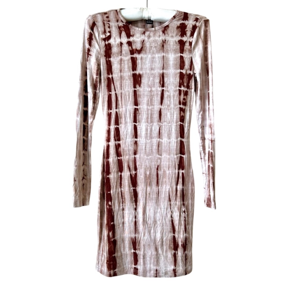 Tshirt Dress TieDye Brown White Long Sleeve Dress BodyCon Fitted by Shein SXY XS